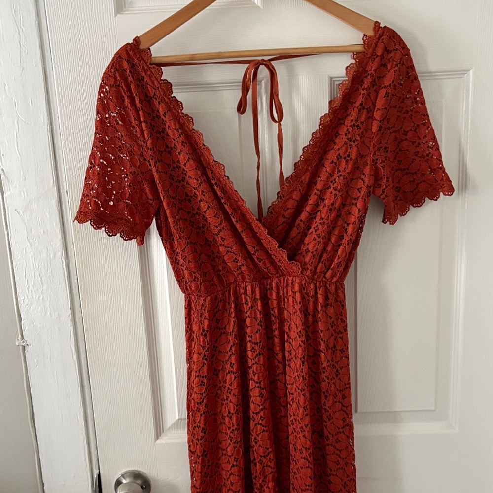 Baltic Born V-neck Lace Dress in Orangey Red